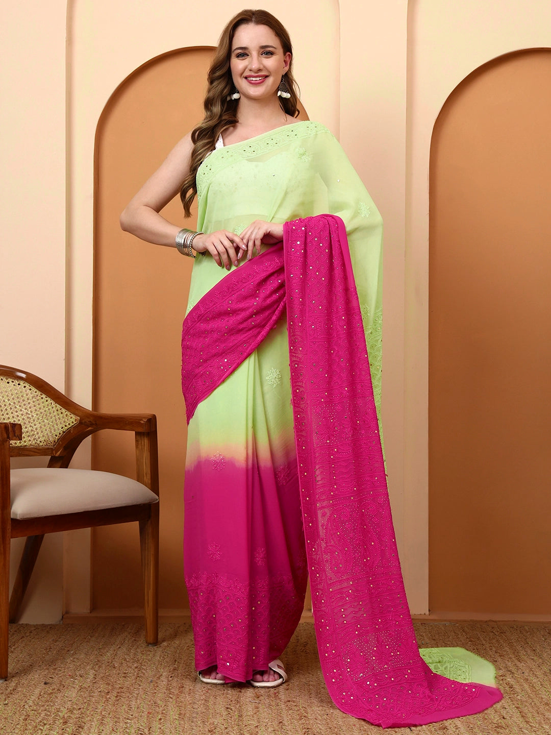 Pink and Green Rashi Viscose Chikankari Embroidered Saree