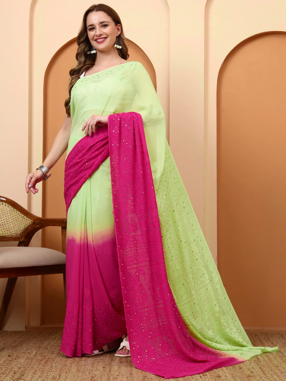 Pink and Green Rashi Viscose Chikankari Embroidered Saree