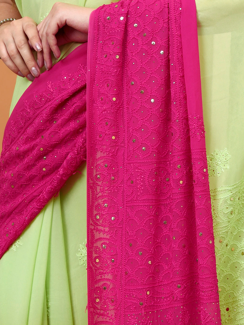 Pink and Green Rashi Viscose Chikankari Embroidered Saree