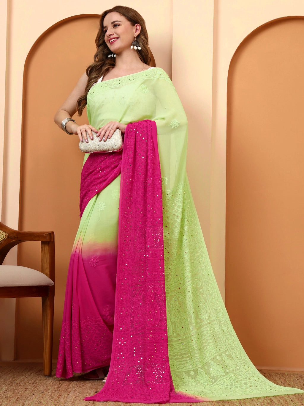 Pink and Green Rashi Viscose Chikankari Embroidered Saree