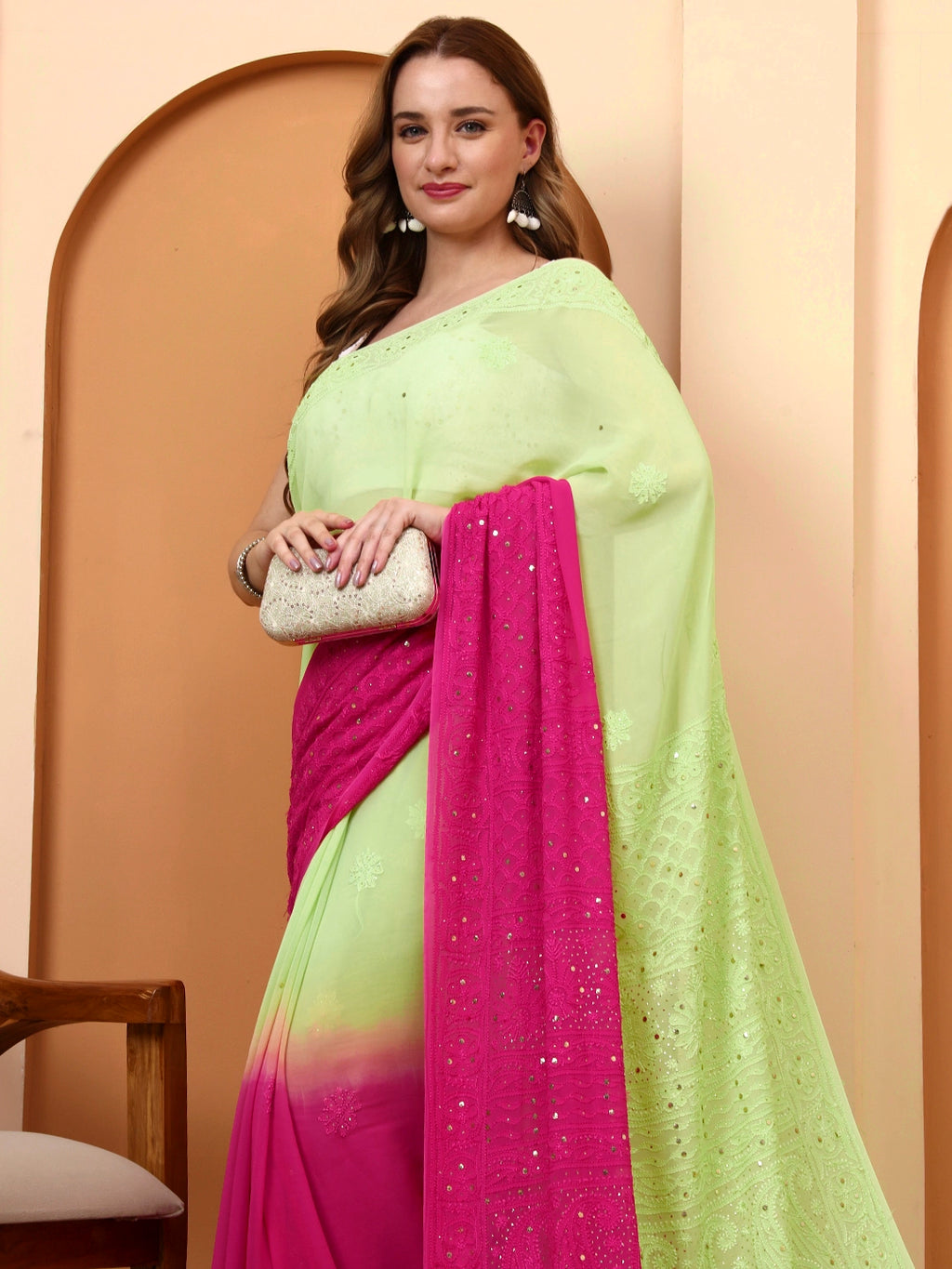 Pink and Green Rashi Viscose Chikankari Embroidered Saree