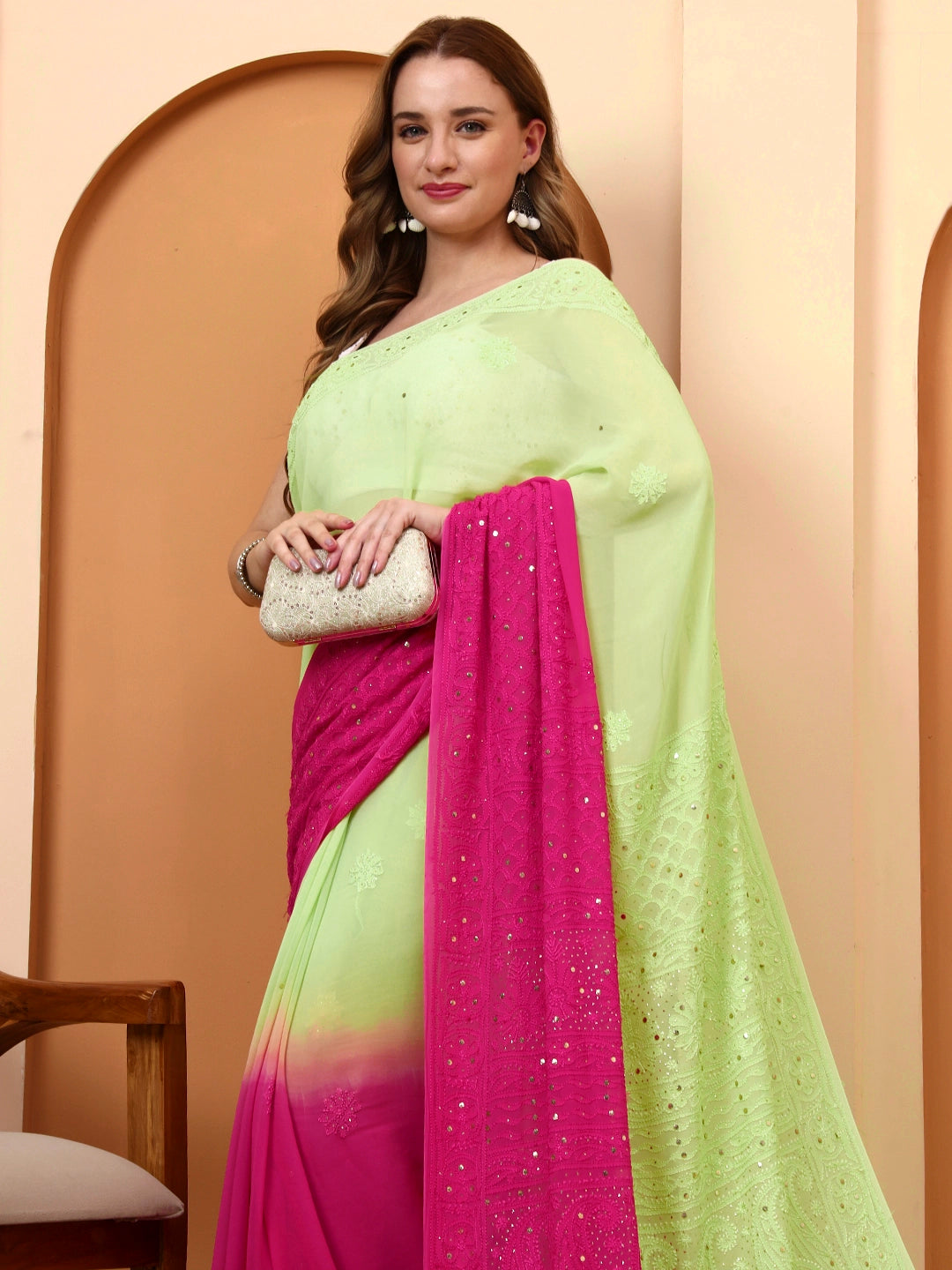 Pink and Green Rashi Viscose Chikankari Embroidered Saree
