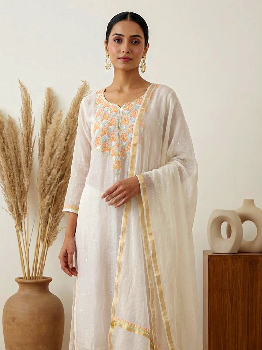 Naji Chikankari Kurta With Dupatta - Orange