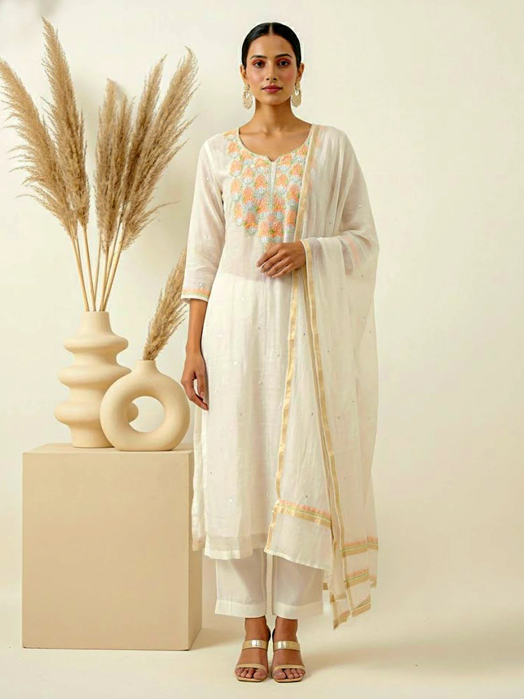 Naji Chikankari Kurta With Dupatta - Orange