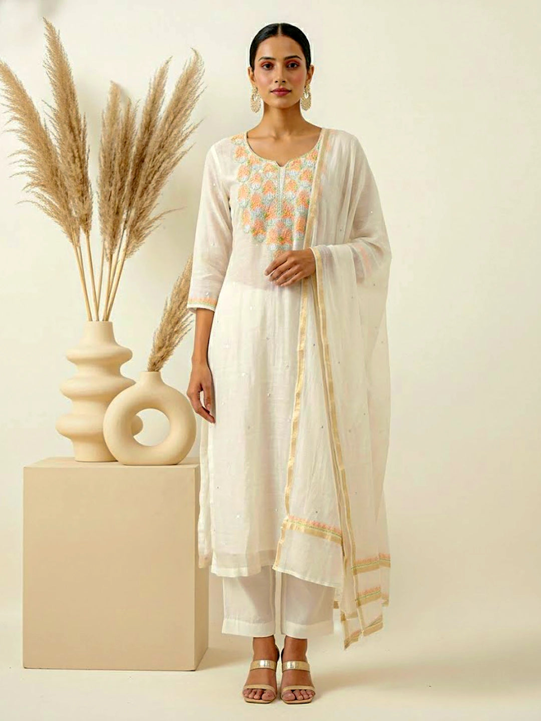 Naji Mul Chanderi Chikankari Kurta With Dupatta - Orange