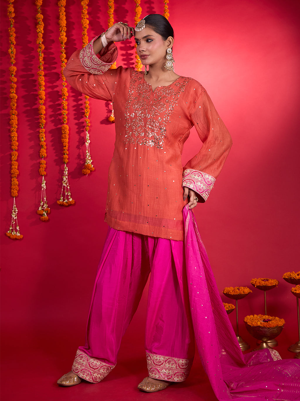 Noorani Mul Chanderi Chikankari Farshi Set Coral & Fuschia Pink