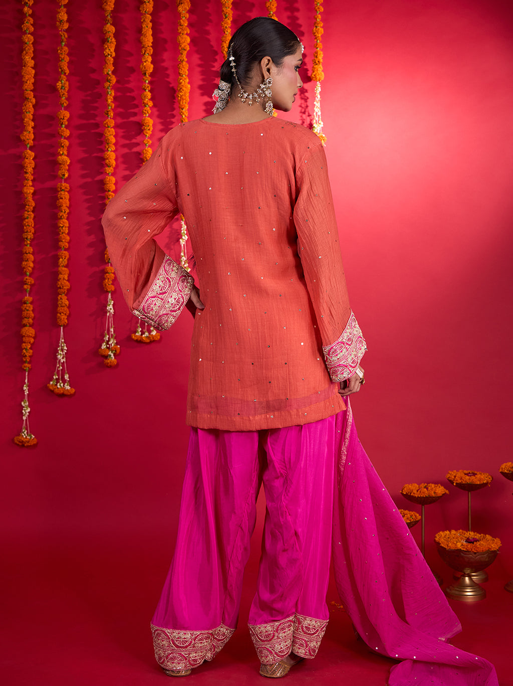 Noorani Mul Chanderi Chikankari Farshi Set Coral & Fuschia Pink