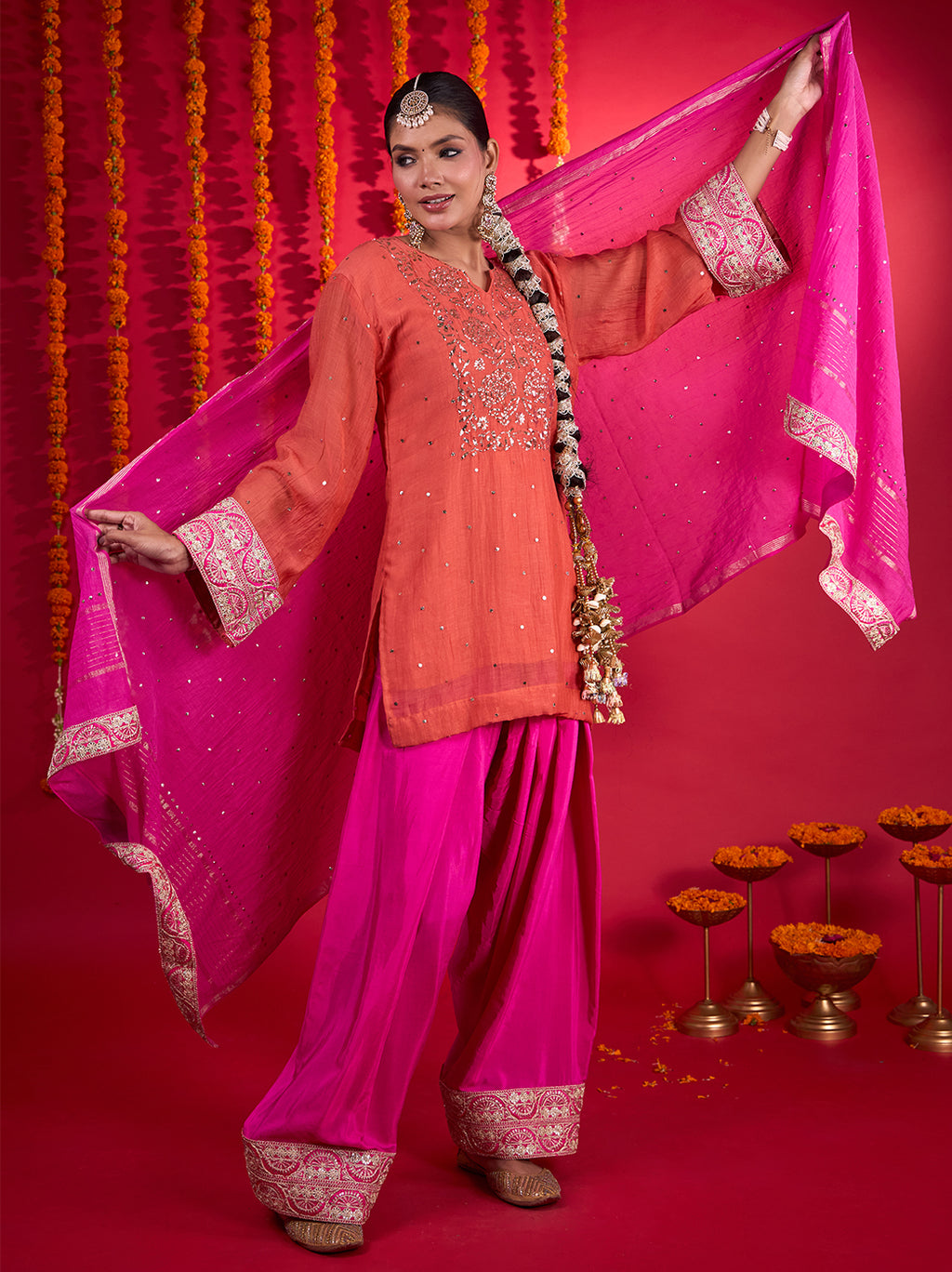 Noorani Mul Chanderi Chikankari Farshi Set Coral & Fuschia Pink