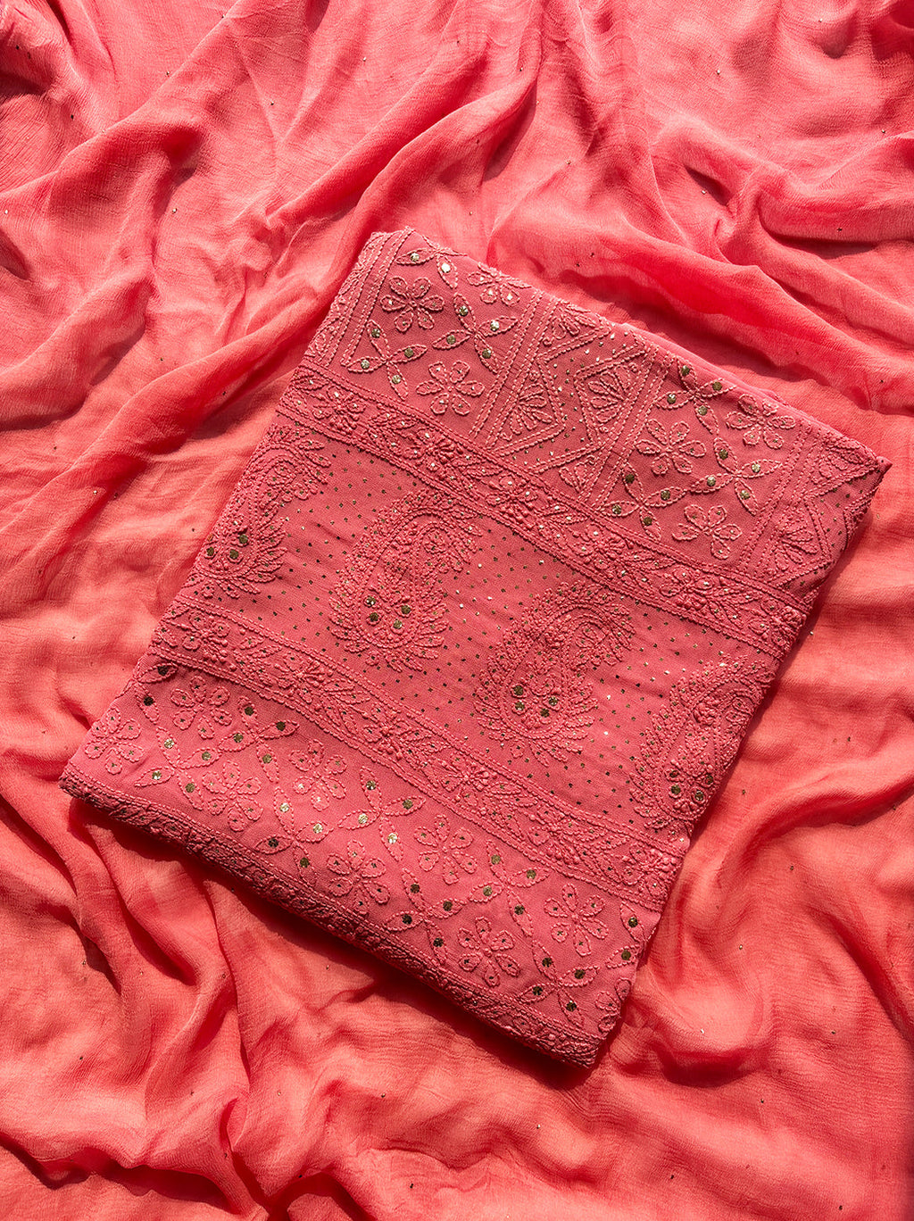 “Unstitched viscose chikankari kurti piece with dupatta featuring handcrafted Lucknowi embroidery and mirror work”