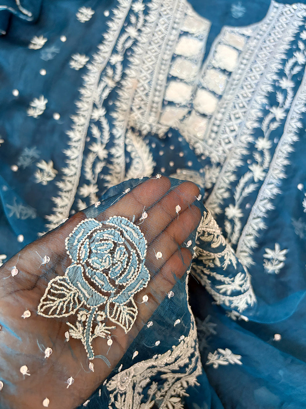 Organza unstitched kurti material with artisan embroidery and dupatta for festive occasions.