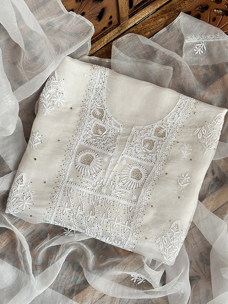 Organza Un-Stitched Chikankari Kurti Piece with Dupatta - White