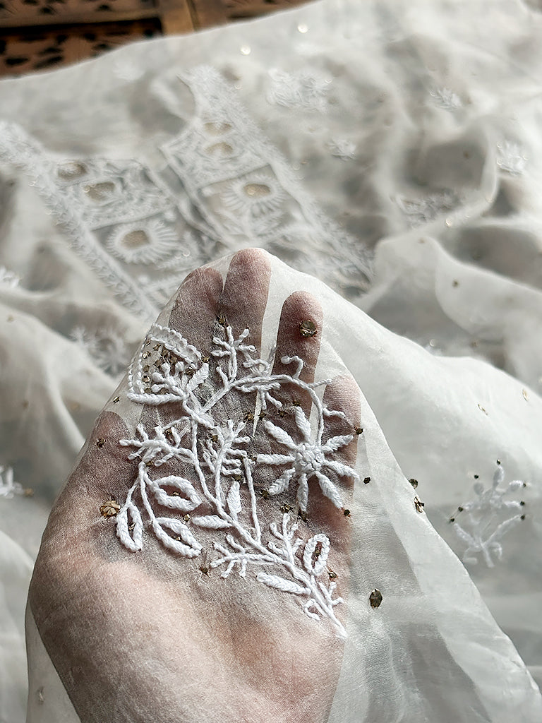 Organza Un-Stitched Chikankari Kurti Piece with Dupatta - White