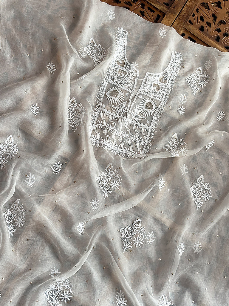 Organza Un-Stitched Chikankari Kurti Piece with Dupatta - White