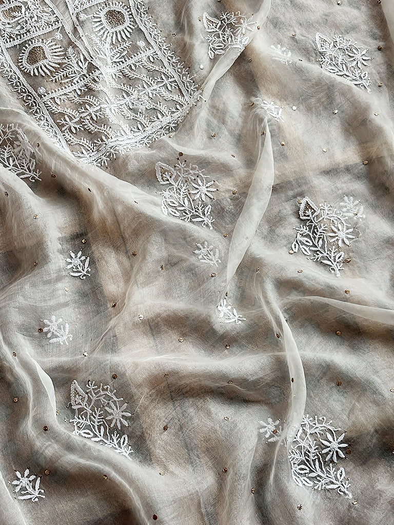 Organza Un-Stitched Chikankari Kurti Piece with Dupatta - White