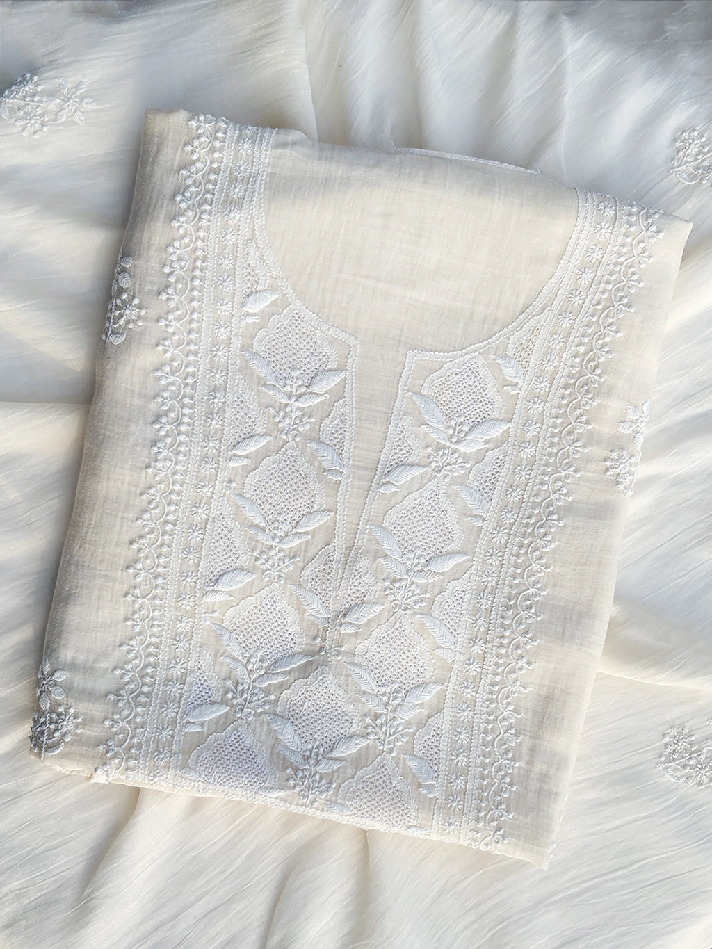 Parisha Mul Chanderi Chikankari Kurti Piece with Dupatta - White