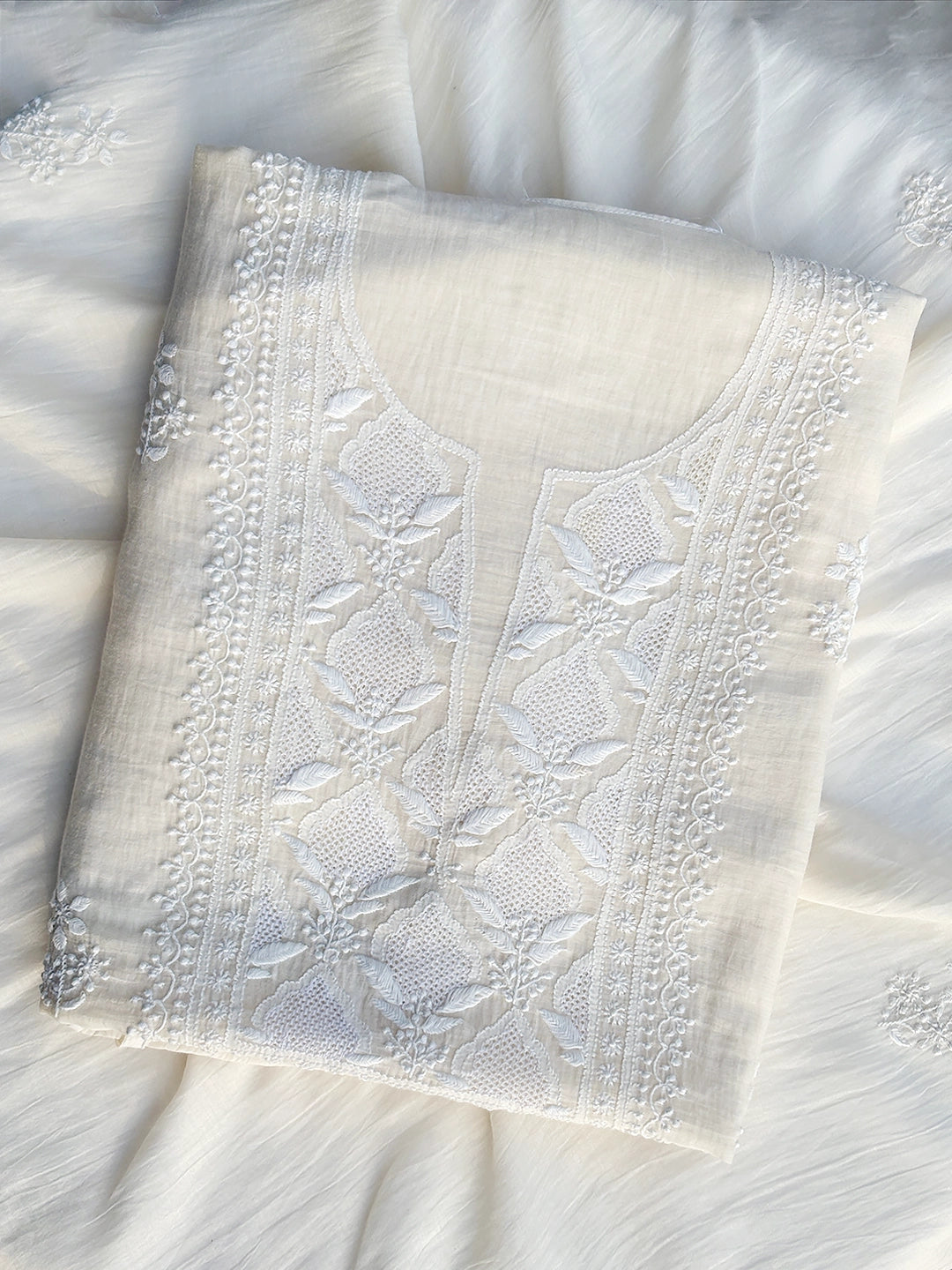 Parisha Mul Chanderi Chikankari Kurti Piece with Dupatta - White