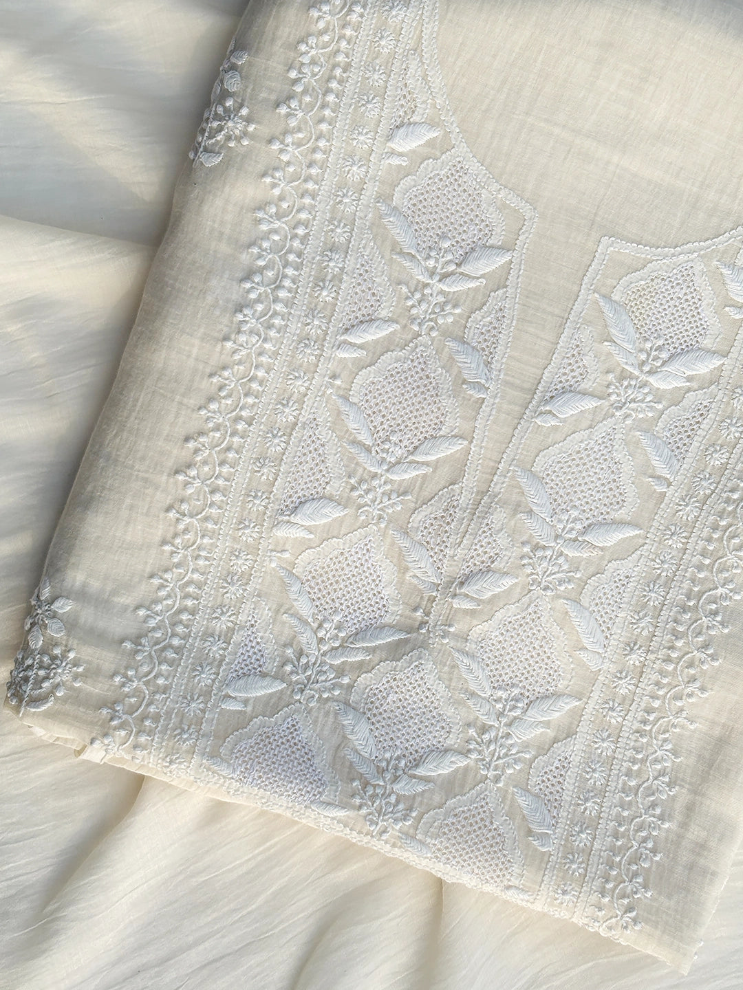 Parisha Mul Chanderi Chikankari Kurti Piece with Dupatta - White