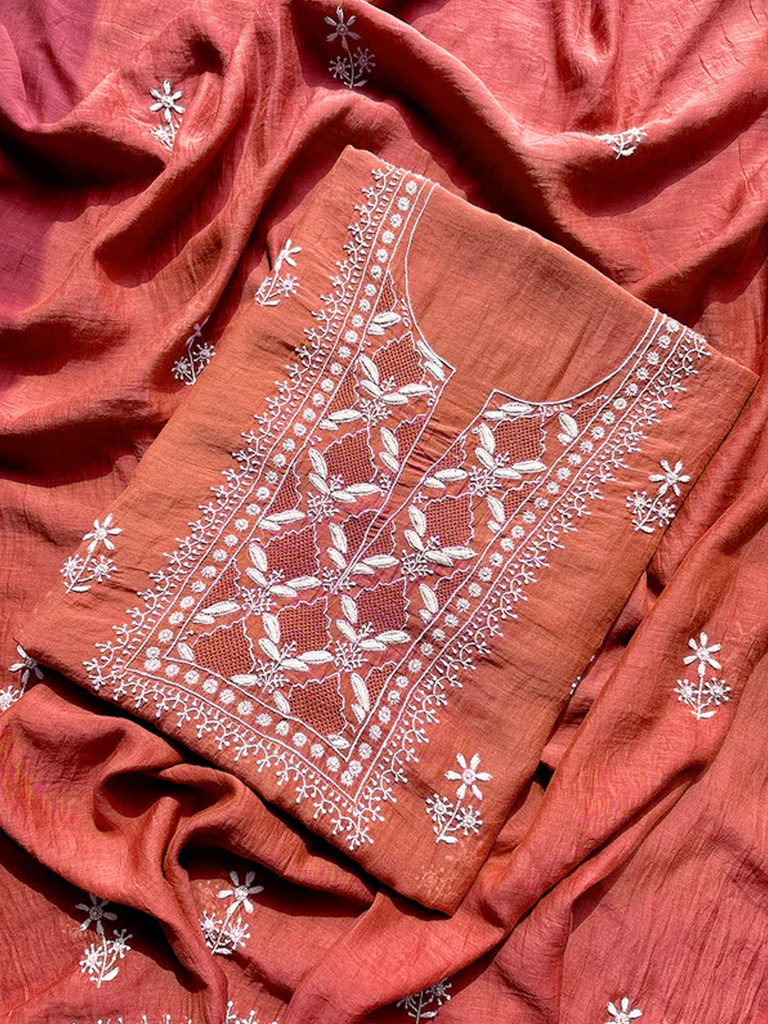 Brown Parisha Mul Chanderi Chikankari Un-stitched Kurti Piece with Dupatta