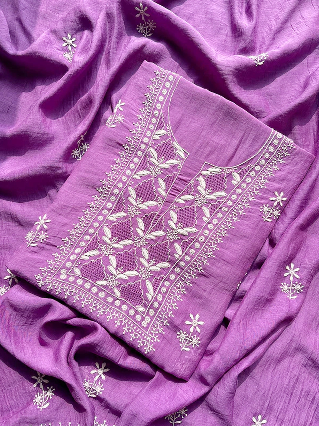 Purple Parisha Mul Chanderi Chikankari Un-stitched Kurti Piece with Dupatta