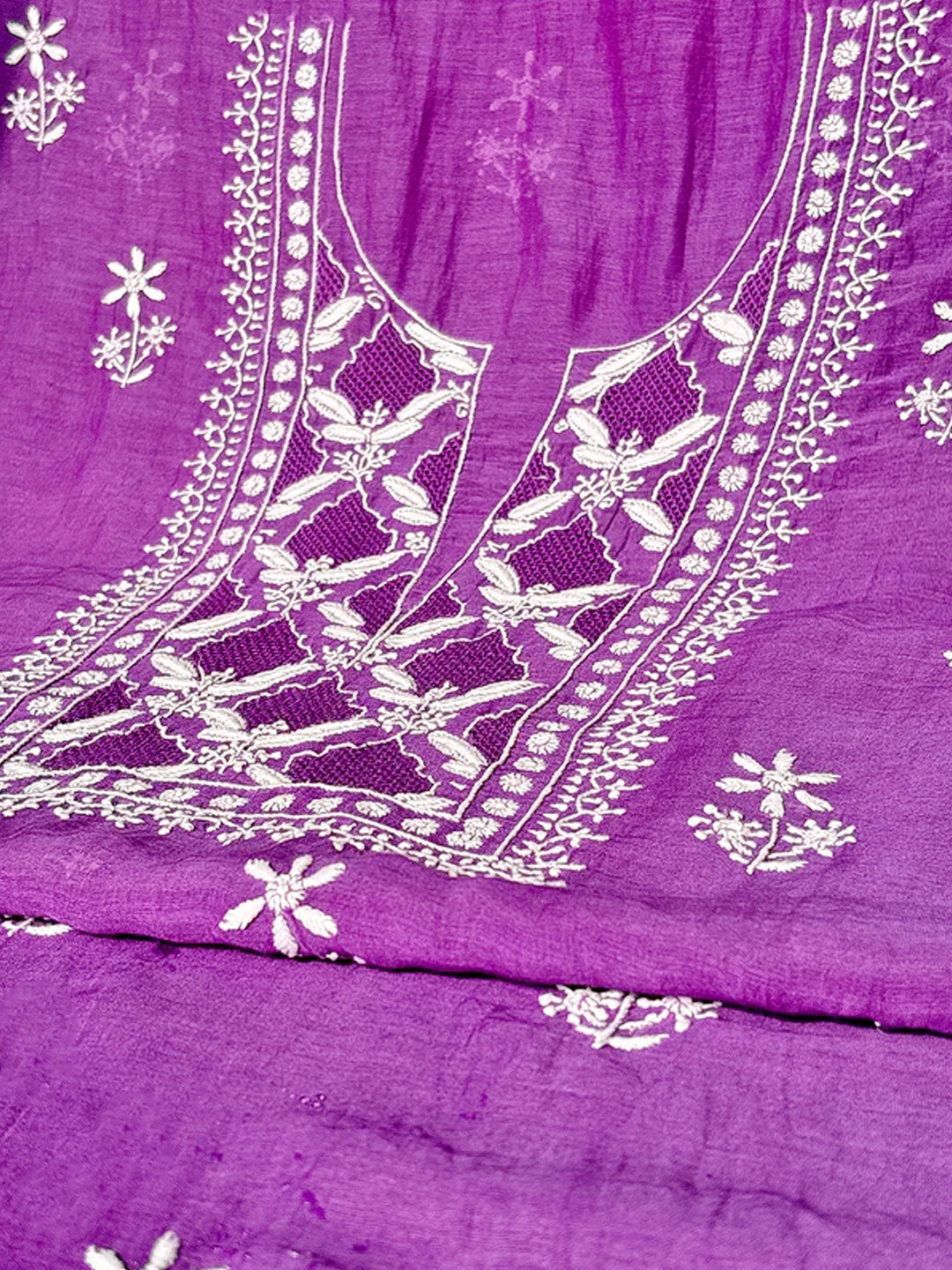 Purple Parisha Mul Chanderi Chikankari Un-stitched Kurti Piece with Dupatta