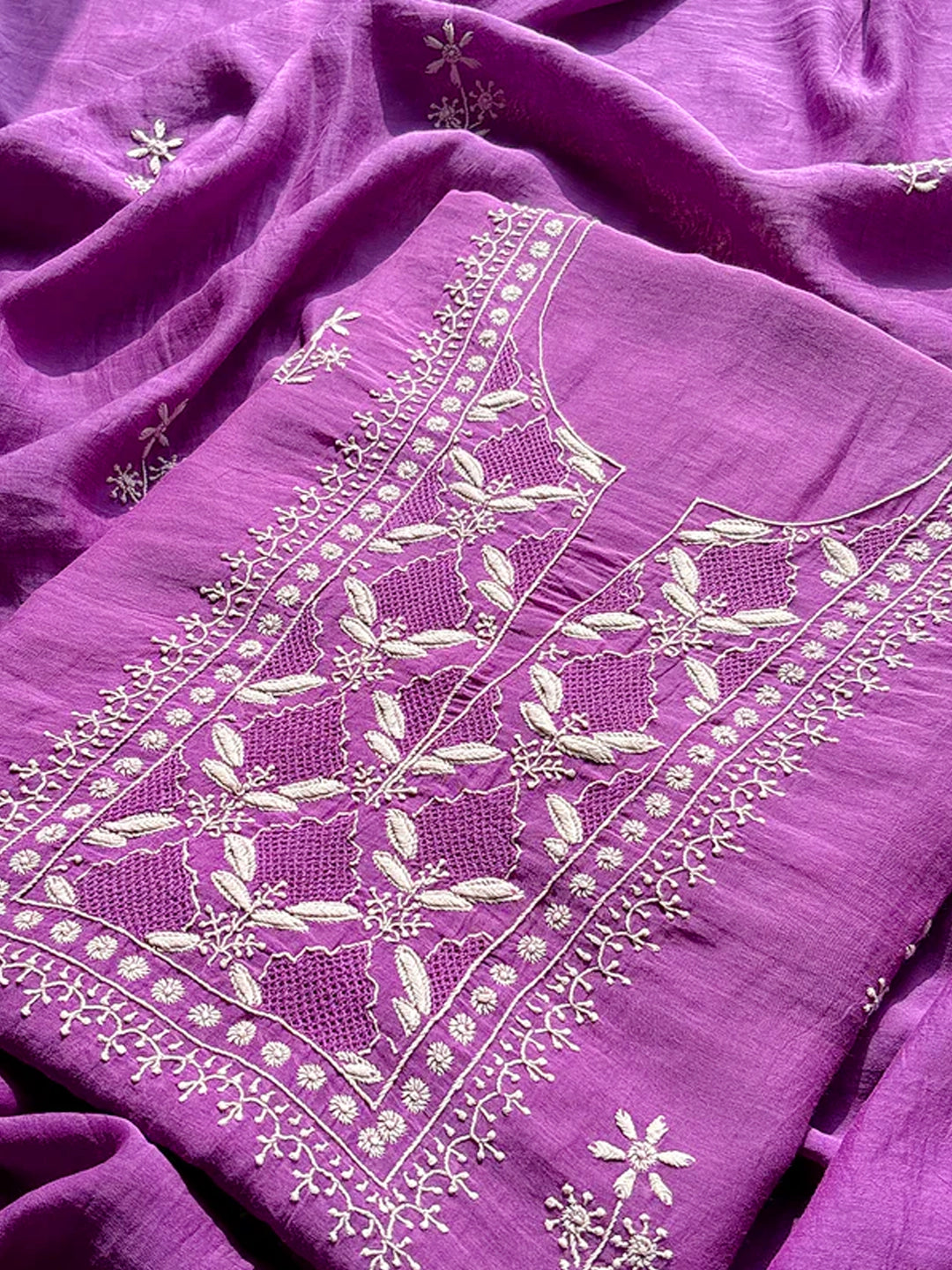 Purple Parisha Mul Chanderi Chikankari Un-stitched Kurti Piece with Dupatta