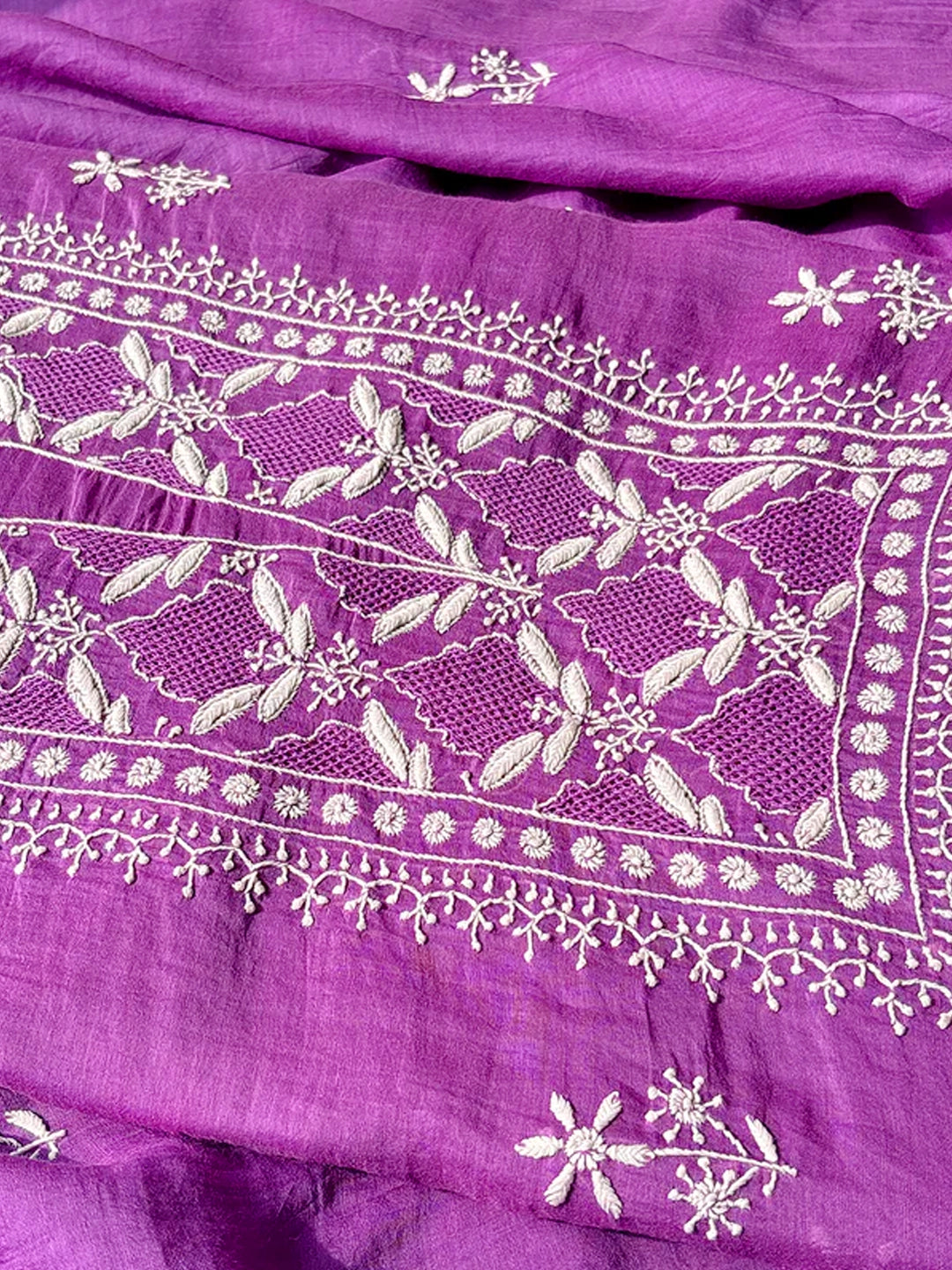 Purple Parisha Mul Chanderi Chikankari Un-stitched Kurti Piece with Dupatta
