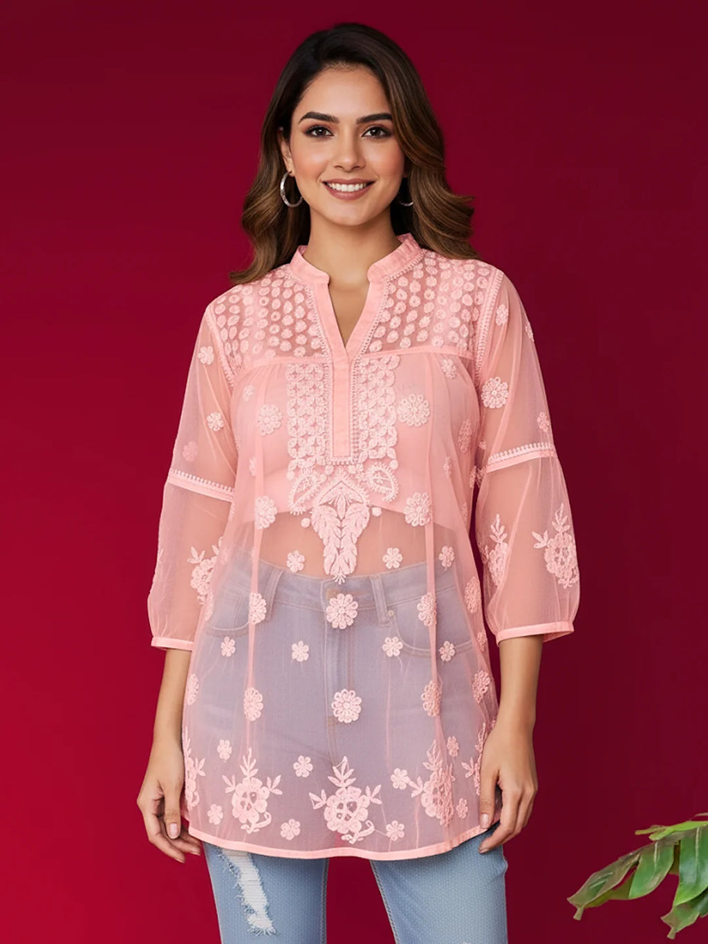 Peach Aashna Organza Chikankari Short Kurta