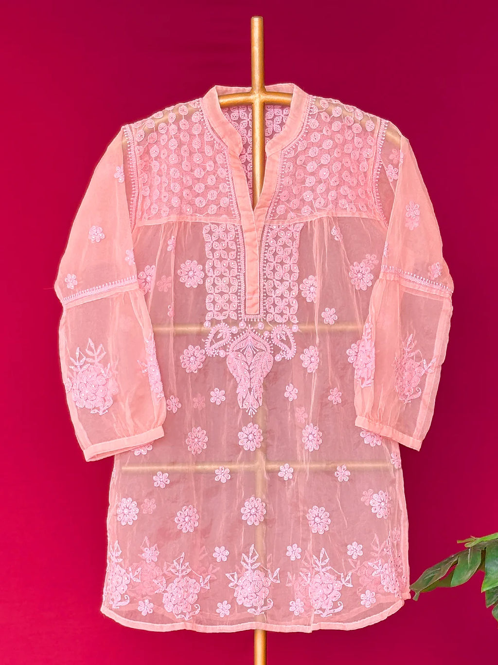 Peach Aashna Organza Chikankari Short Kurta