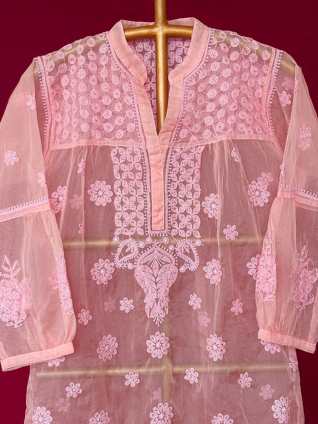 Peach Aashna Organza Chikankari Short Kurta