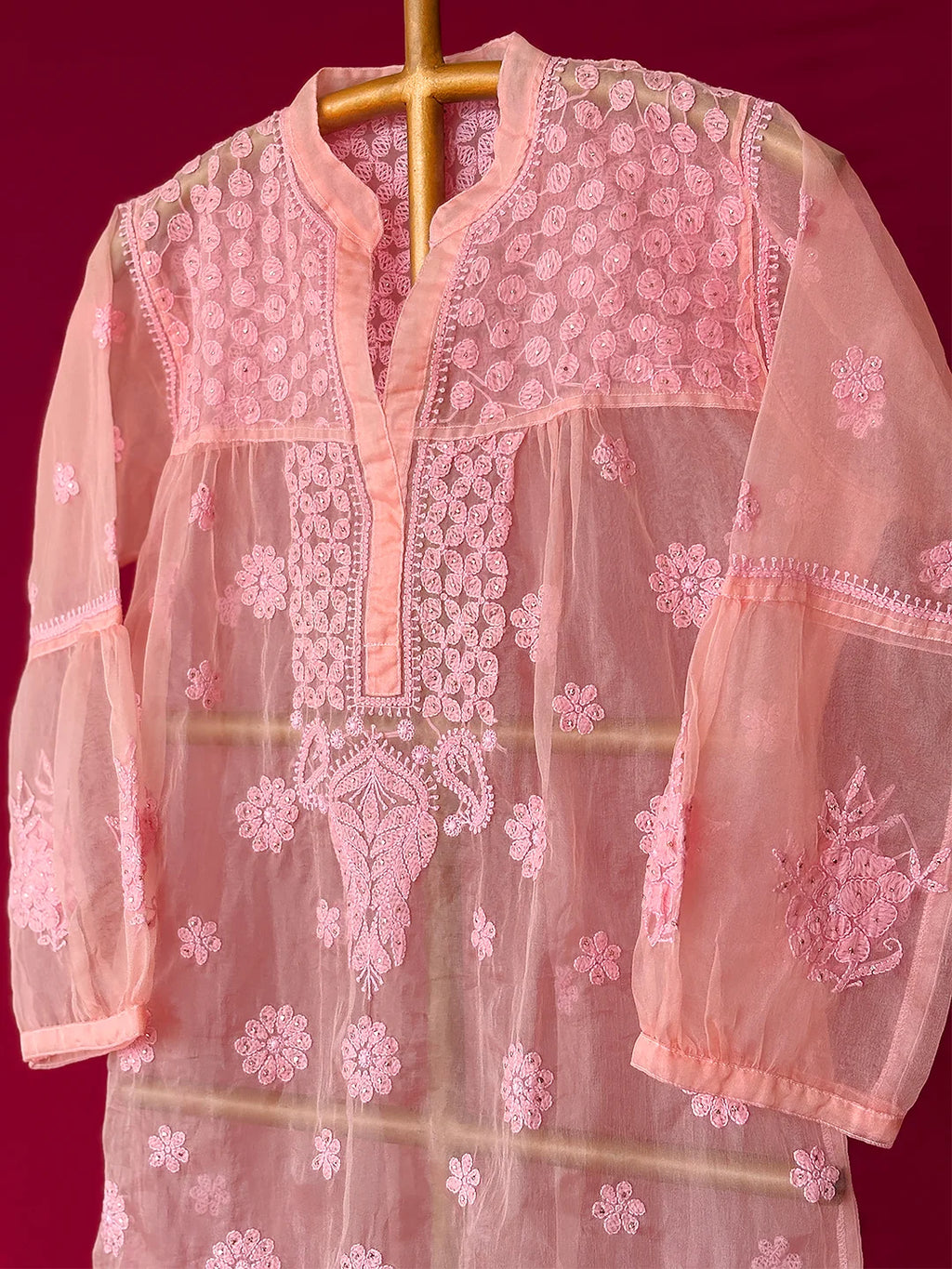 Peach Aashna Organza Chikankari Short Kurta
