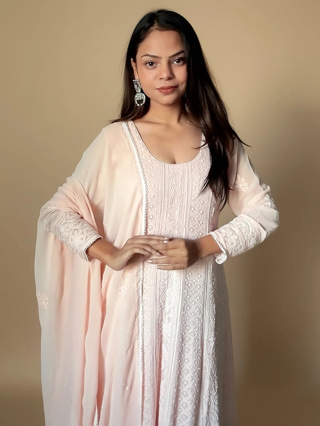 Peach Aks Viscose Chikankari Anarkali with Dupatta
