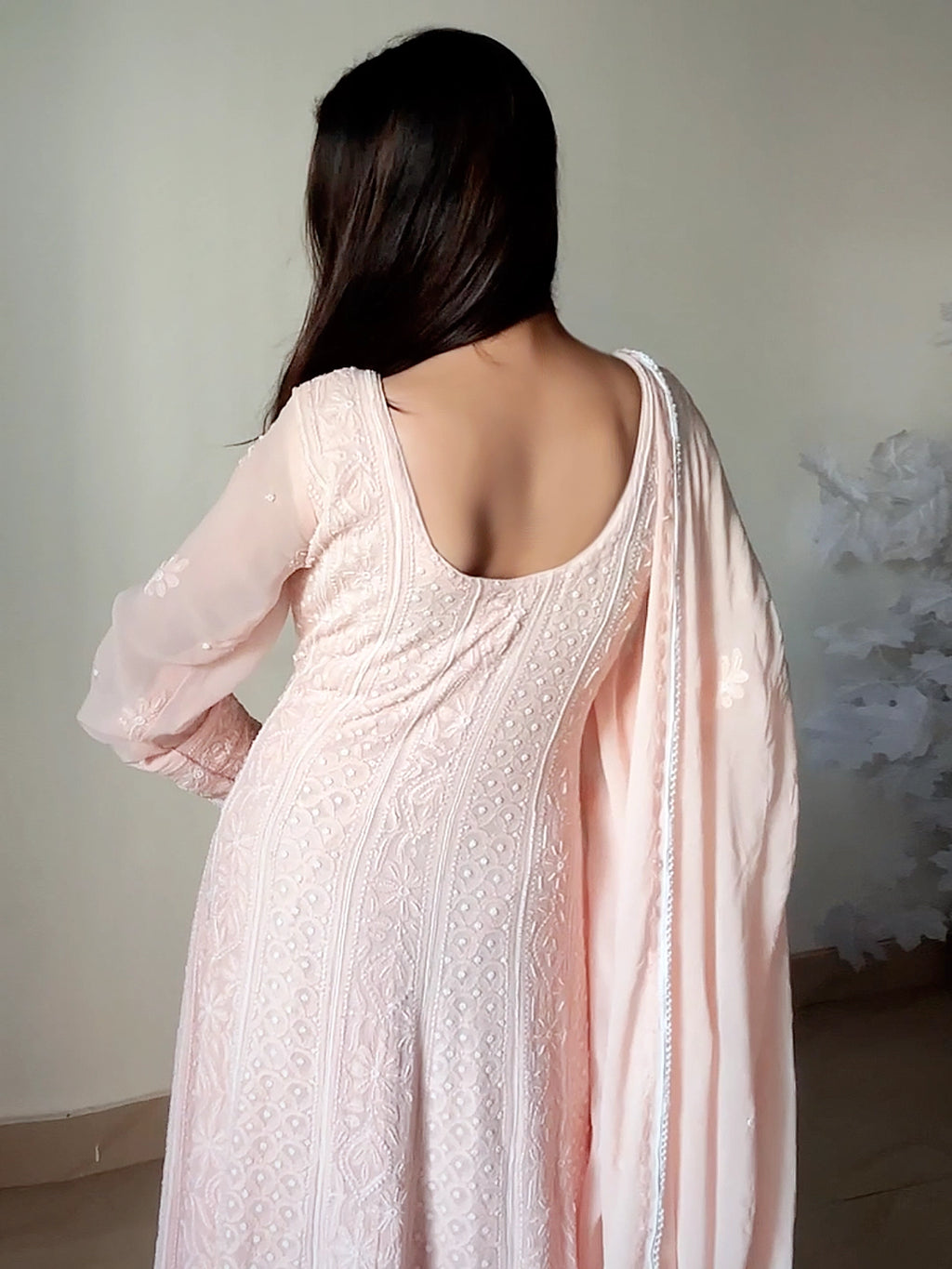 Peach Aks Viscose Chikankari Anarkali with Dupatta