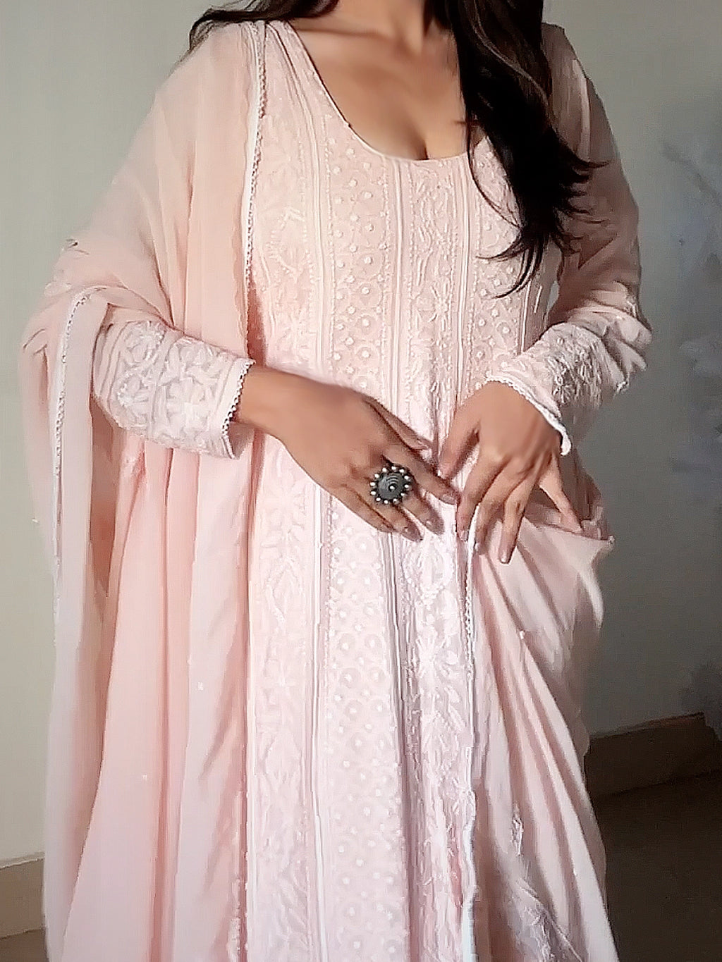 Peach Aks Viscose Chikankari Anarkali with Dupatta