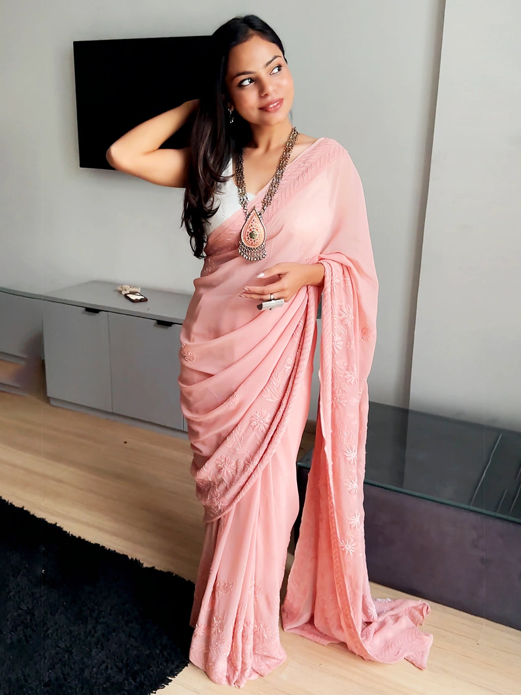 Peach Amaira Viscose Chikankari Embroidered Saree