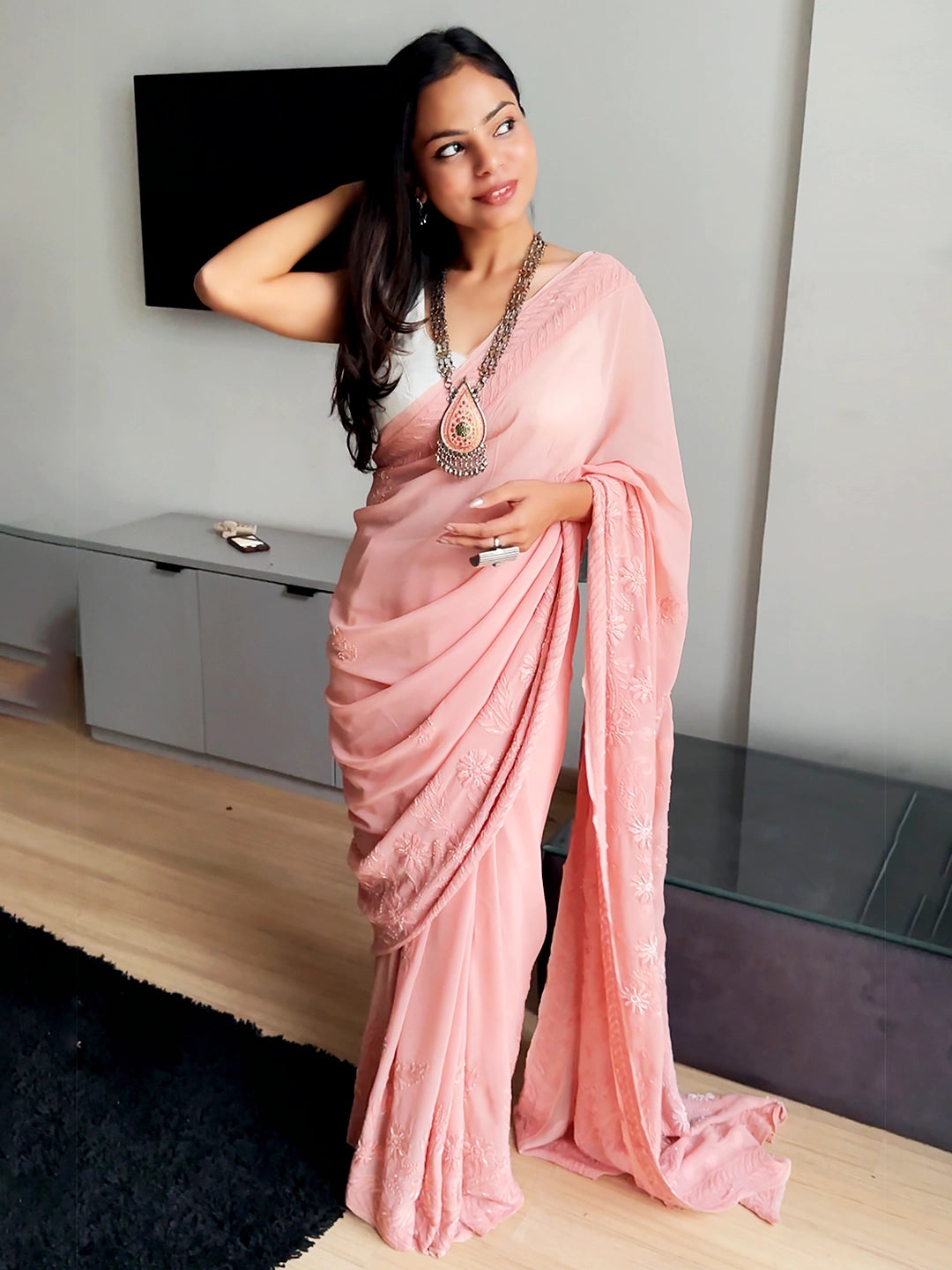 Peach Amaira Viscose Chikankari Embroidered Saree