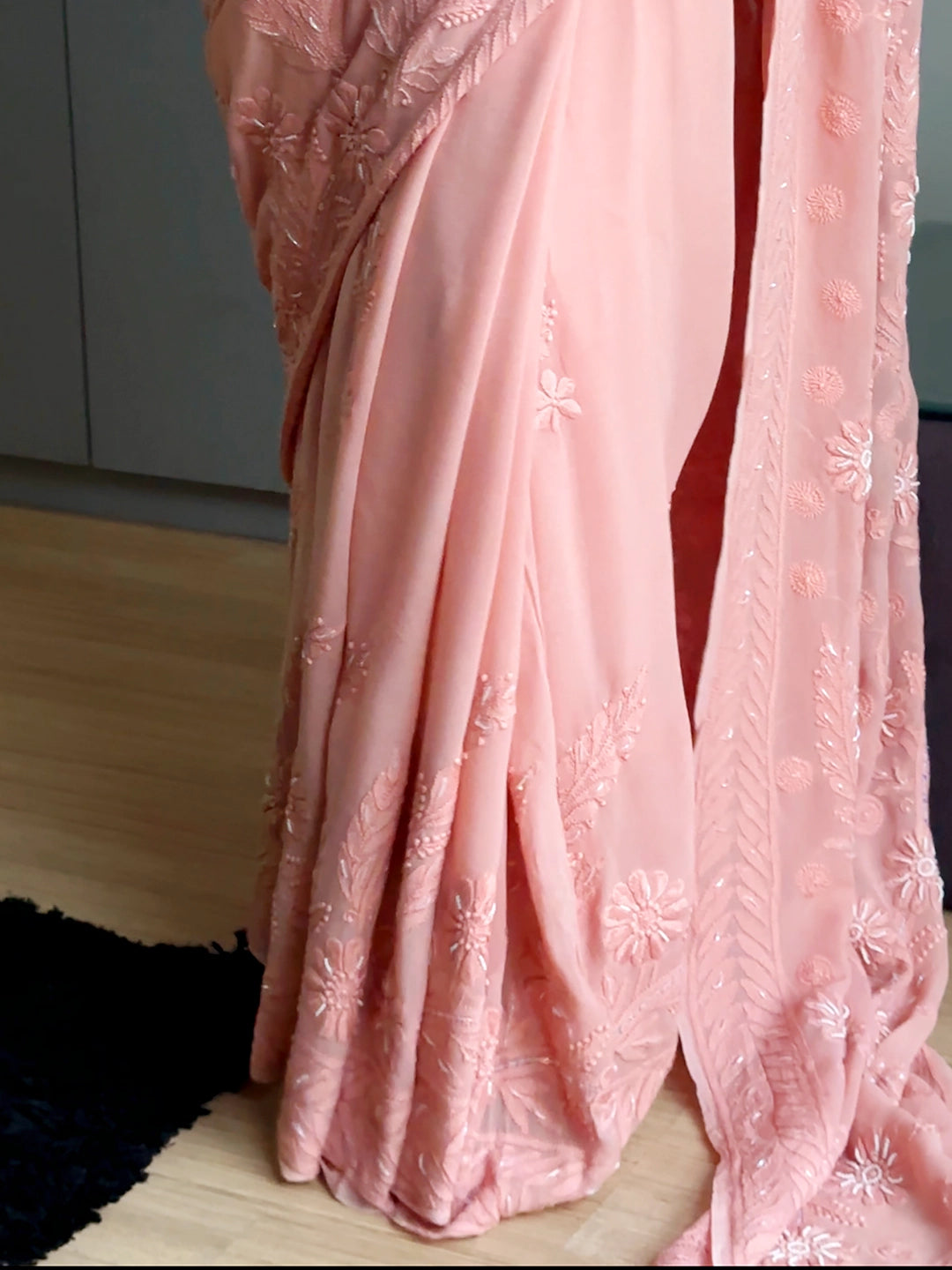 Peach Amaira Viscose Chikankari Embroidered Saree