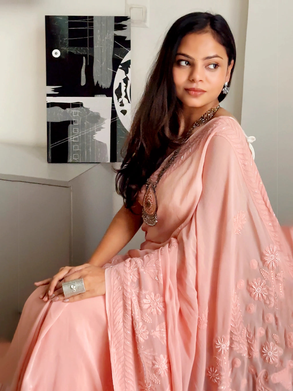 Peach Amaira Viscose Chikankari Embroidered Saree