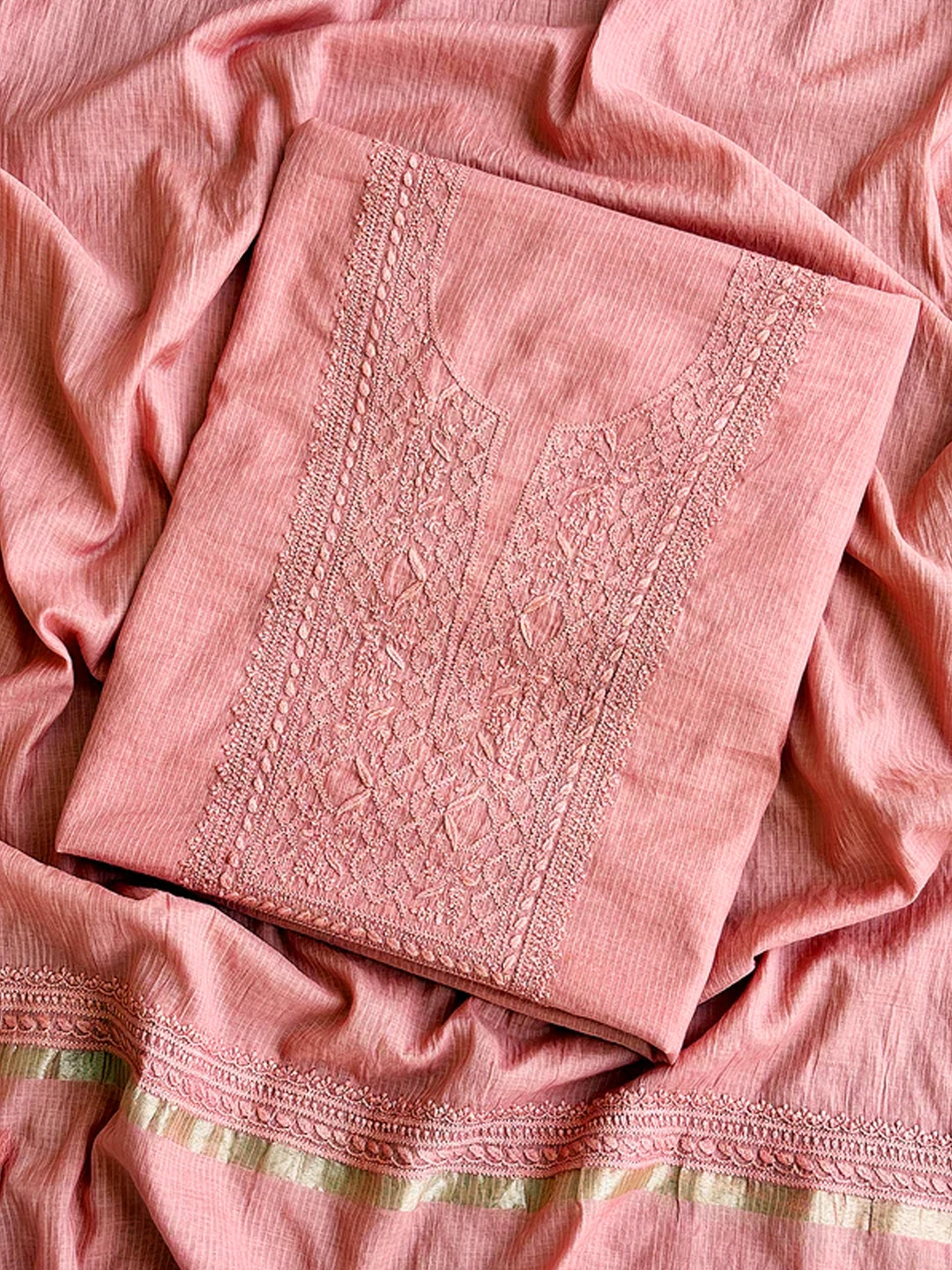 Peach Chanderi Chikankari Un-stitched Kurti Piece with Dupatta