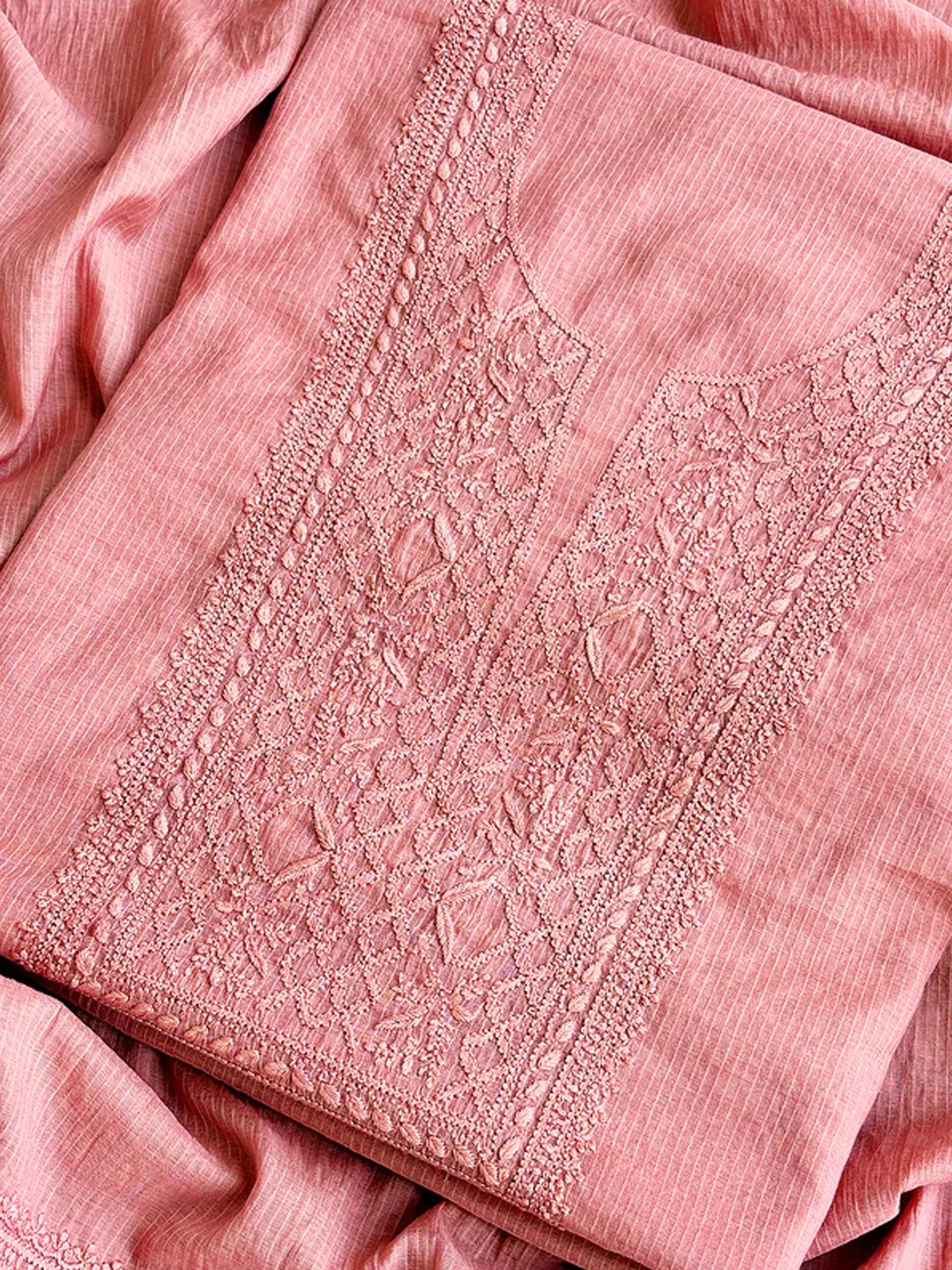 Peach Chanderi Chikankari Un-stitched Kurti Piece with Dupatta