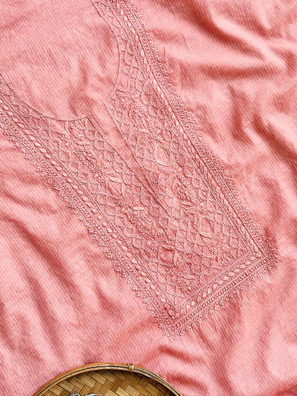 Peach Chanderi Chikankari Un-stitched Kurti Piece with Dupatta