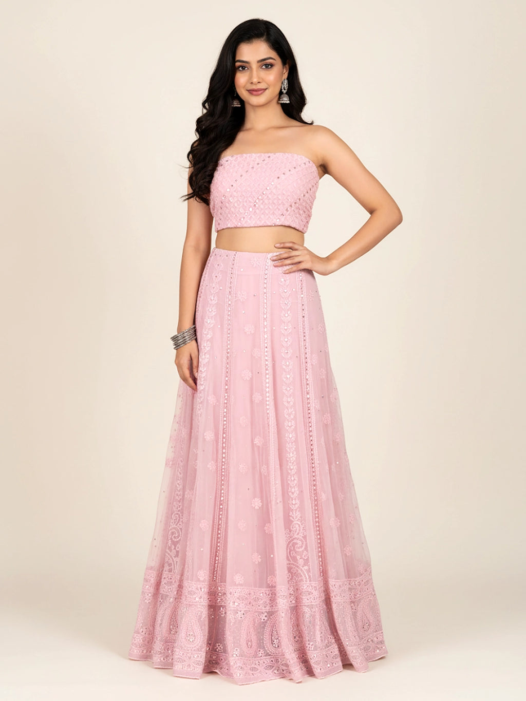Peach Sida Viscose Chikankari Embroidered Lehenga Set