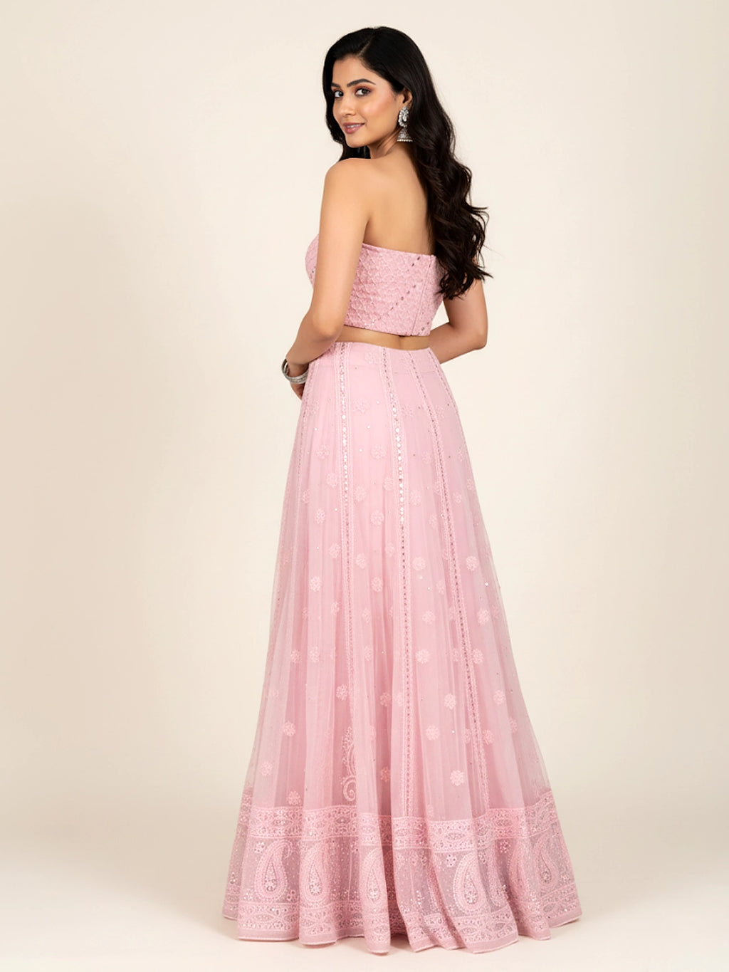 Peach Sida Viscose Chikankari Embroidered Lehenga Set