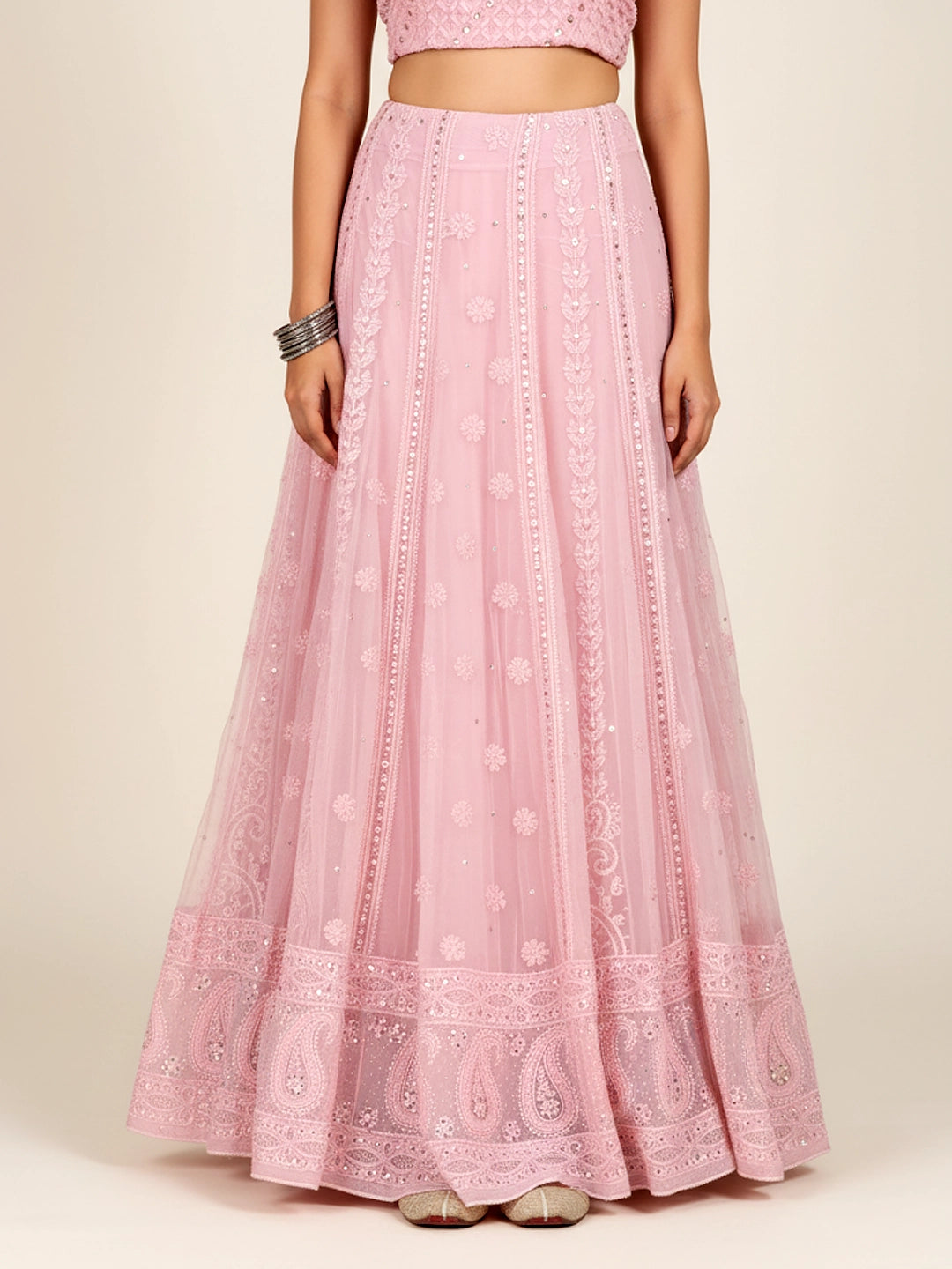 Peach Sida Viscose Chikankari Embroidered Lehenga Set