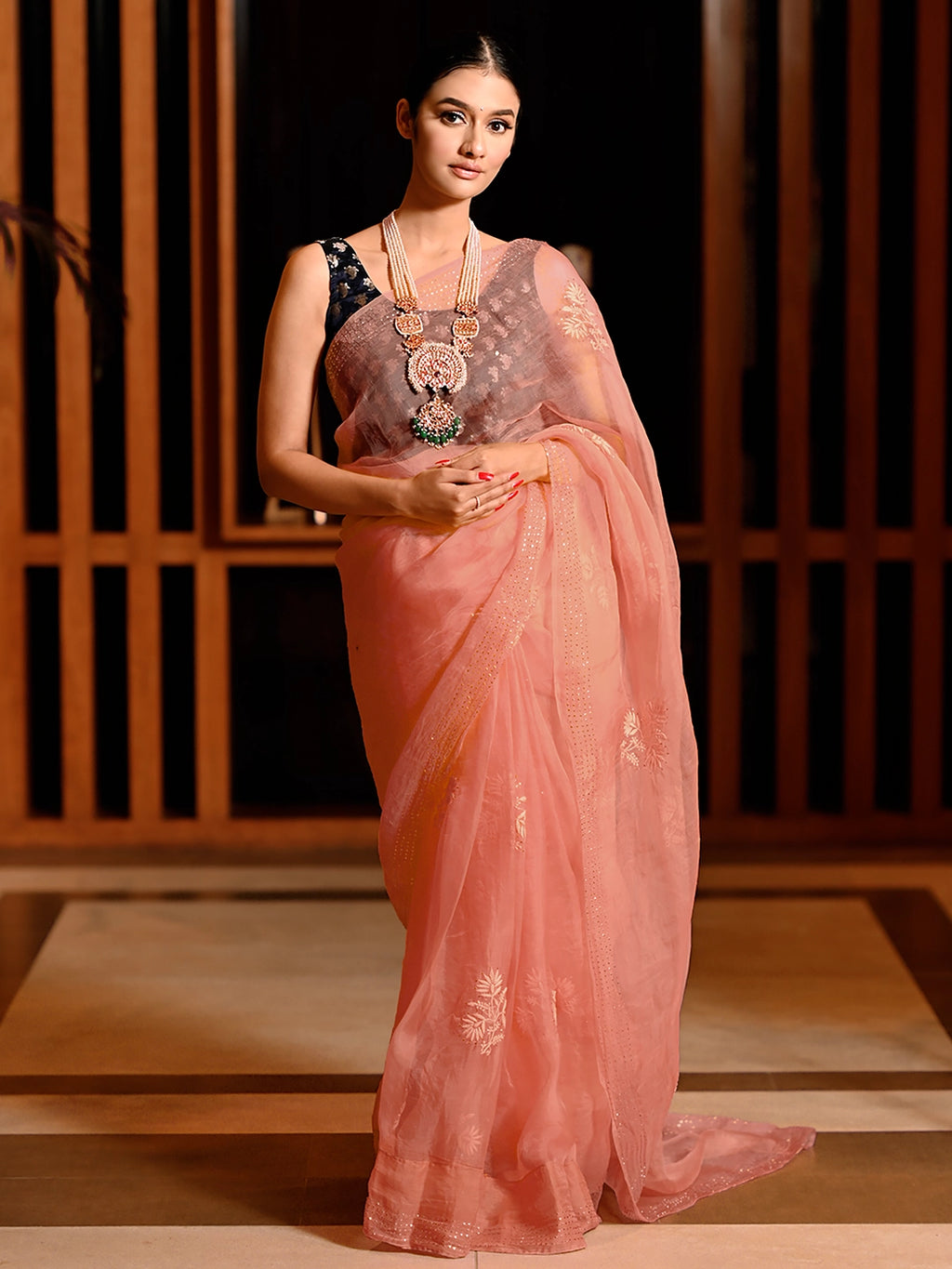 Peach Eesha Organza Chikankari Embroidered Saree