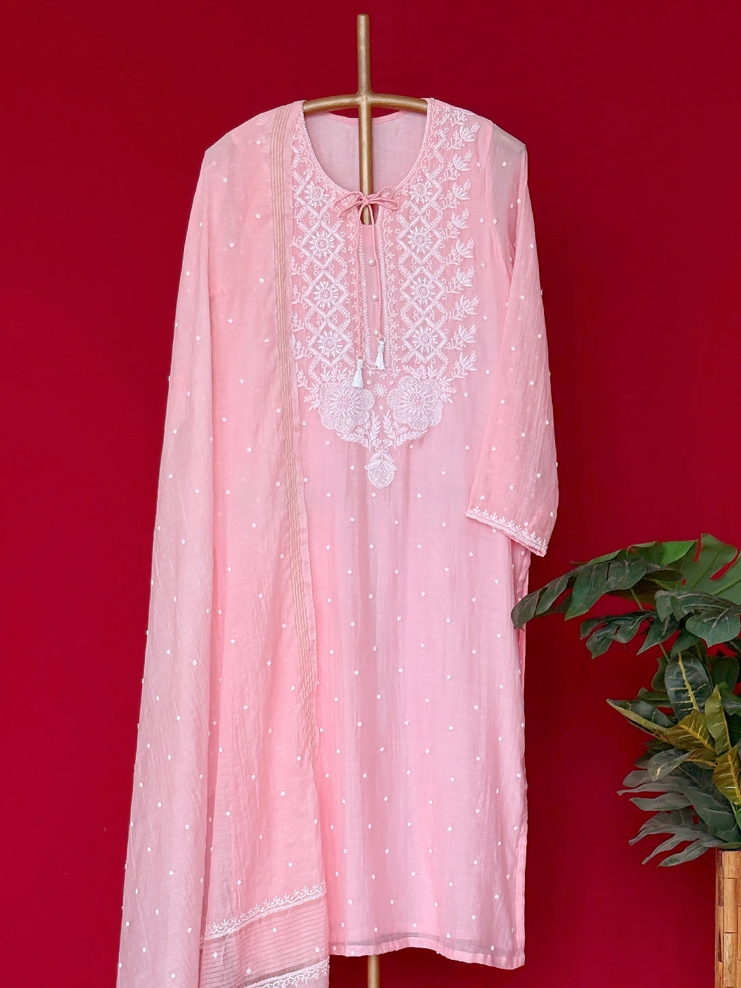 Peach Mul Chanderi Chikankari Straight Kurta With Dupatta