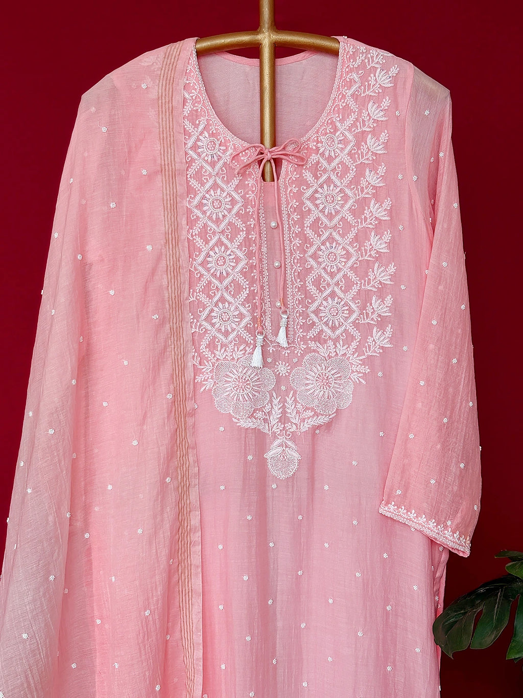 Peach Mul Chanderi Chikankari Straight Kurta With Dupatta