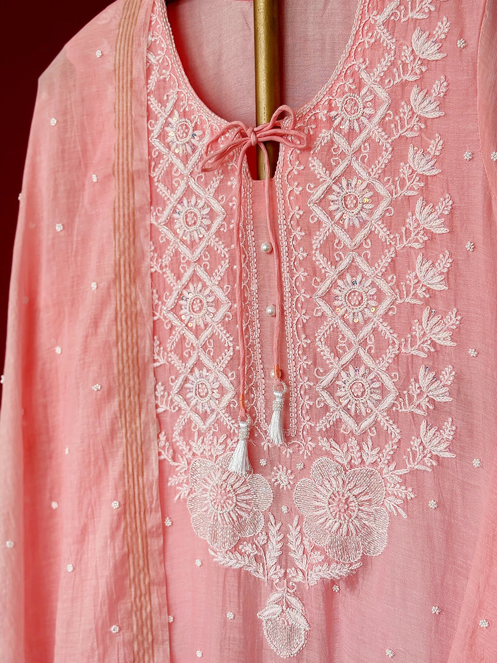 Peach Mul Chanderi Chikankari Straight Kurta With Dupatta