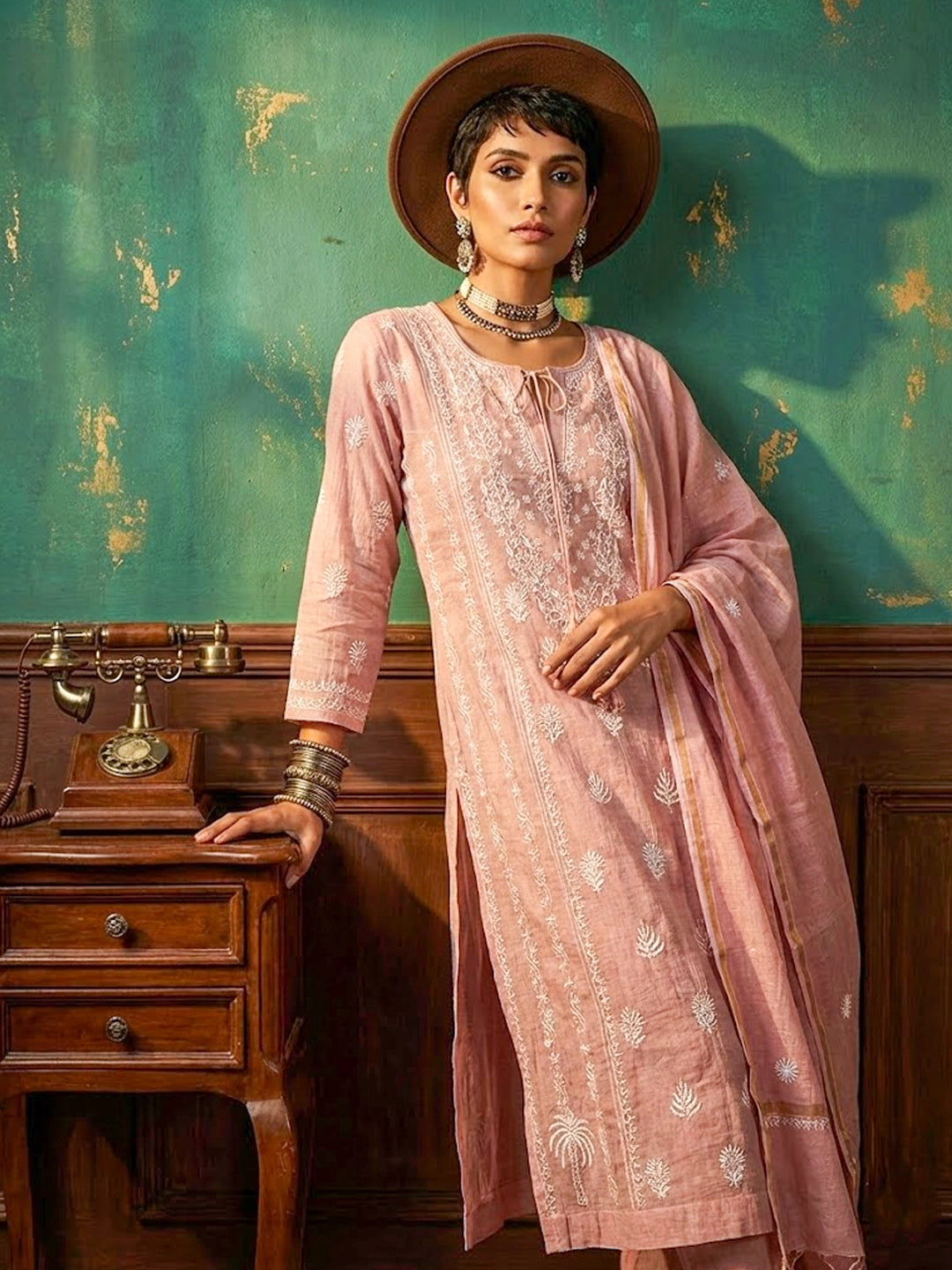 Roomi Tissue Silk Chikankari Kurta - Peach