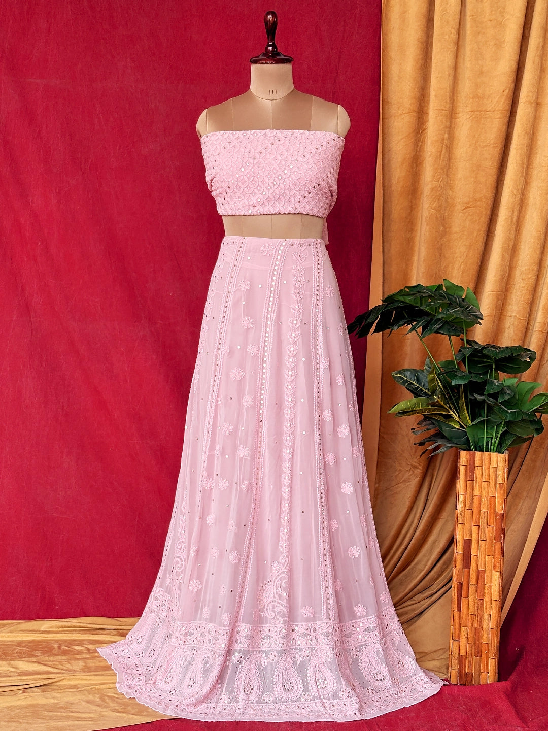 Peach Sida Viscose Chikankari Embroidered Lehenga Set