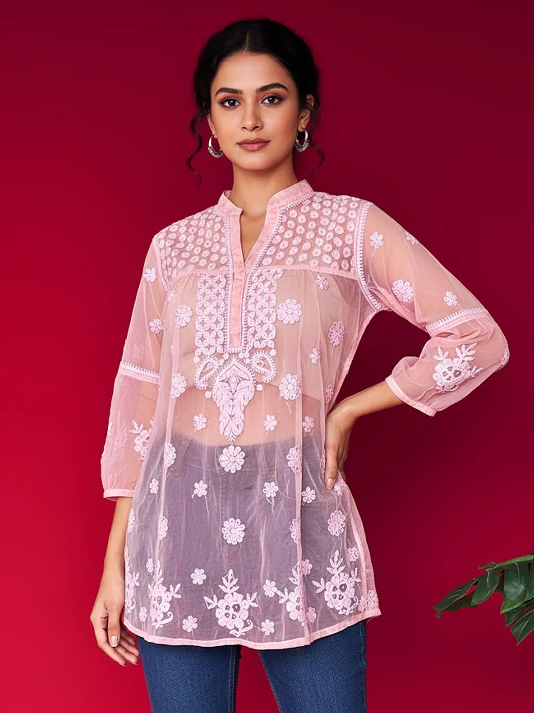 Pink Aashna Organza Chikankari Short Kurta